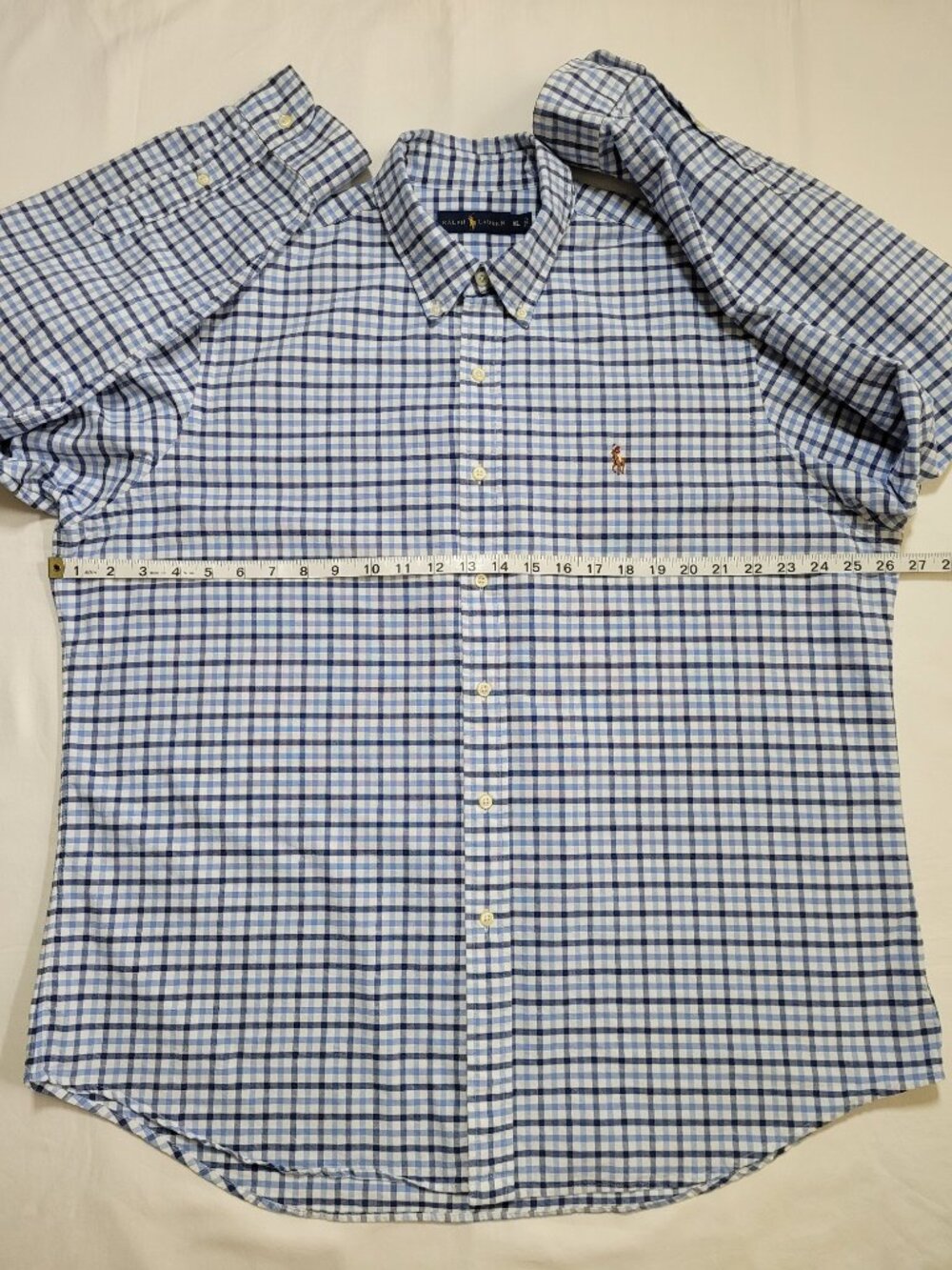 Ralph Lauren Mens Blue Checkered Plaid Gingham Oxford Dress Shirt Polo XL Preppy - Picture 5 of 9
